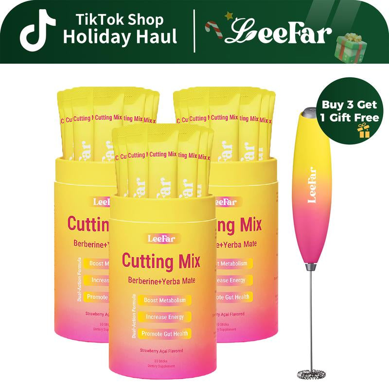 【3 Bottles Bundle】Buy 3 Get 1 Mixer for Free-Leefar Cutting Drink Mix – Berberine, Chromium, 5-HTP, Yerba Mate & Magnesium | Strawberry Açaí Flavor – 30 Servings